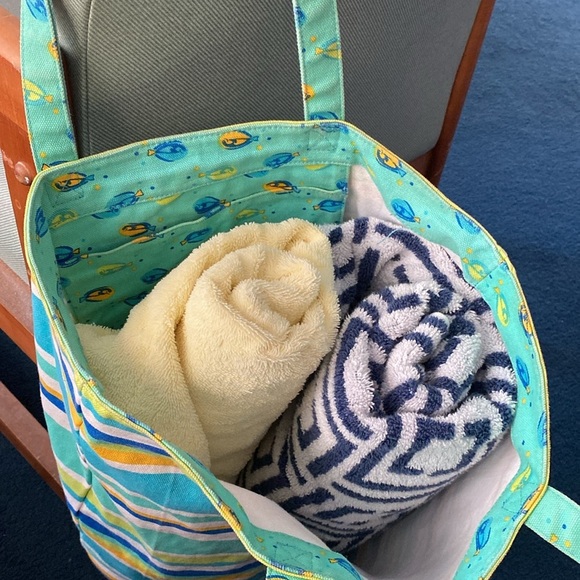 Beach Tote Colorful Green & Blue Striped with Pocket inside of Tote - Picture 4 of 8